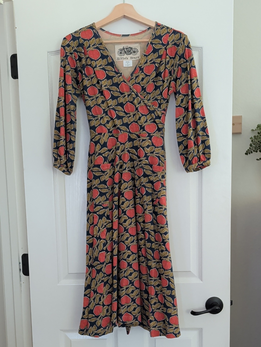 Effie's Heart Black Wrap Dress with Coral Peach Print and Gold Leaves